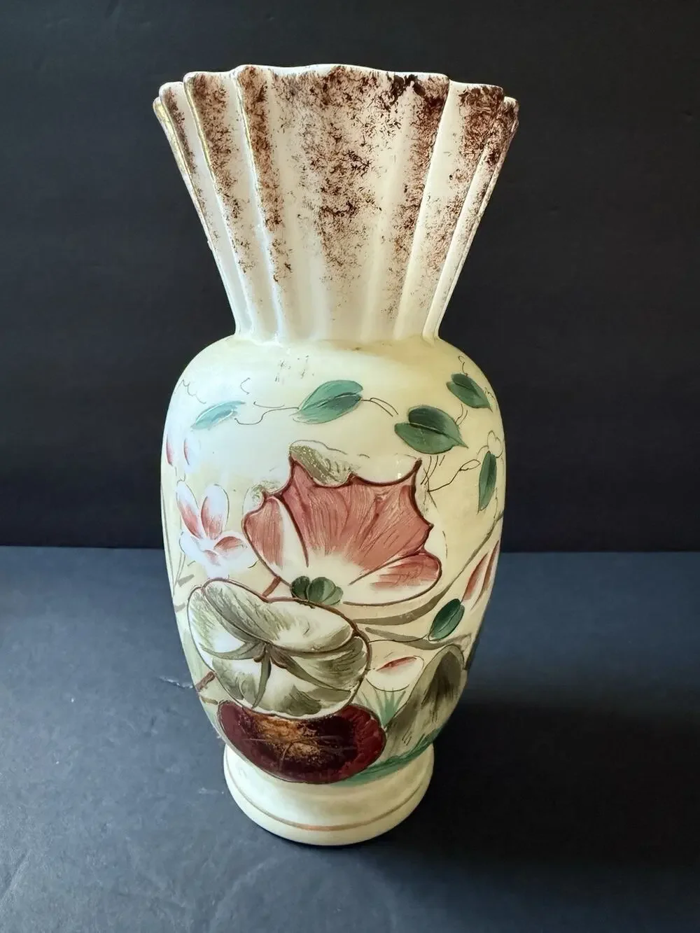 Vintage Handpainted Milk Glass Vase Handblown Floral Ruffle Cottage Victorian